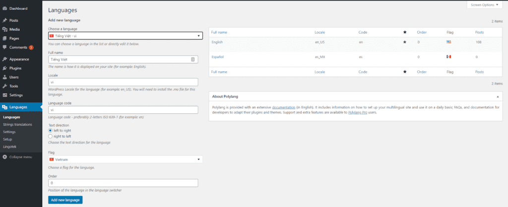 Polylang dashboard inside WordPress