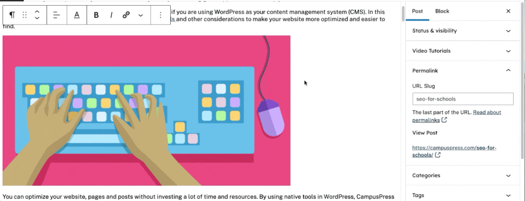 This image is an illustration of a student typing. It is for our SEO for Schools blog post.