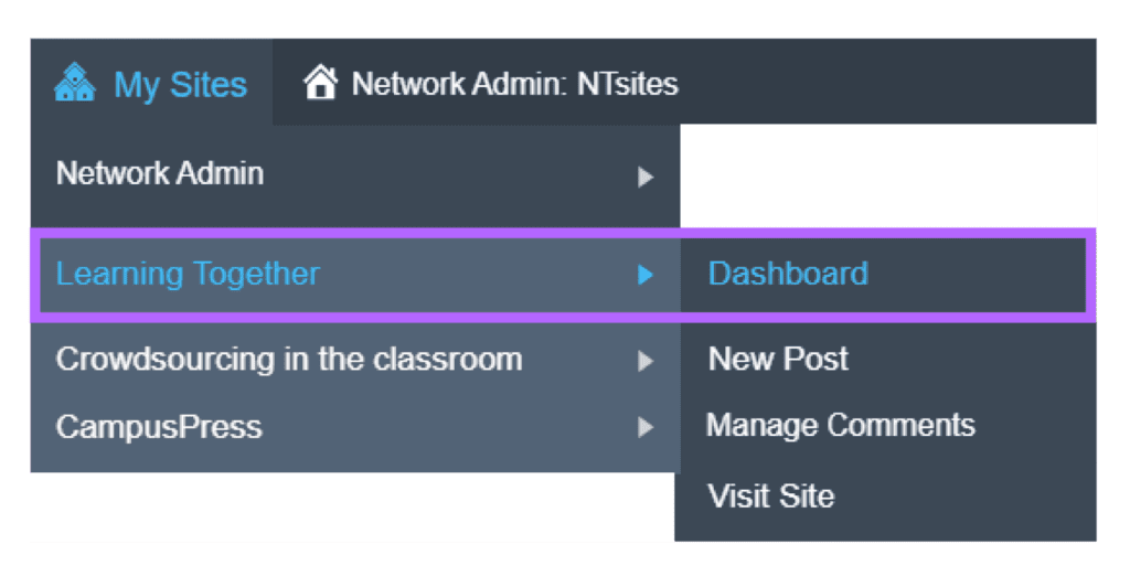 Click on the Dashboard link to change back to the "Site Admin"
