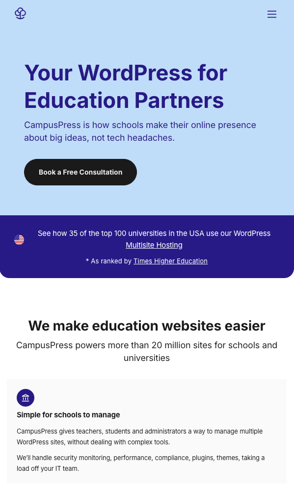 The CampusPress site on a small screen